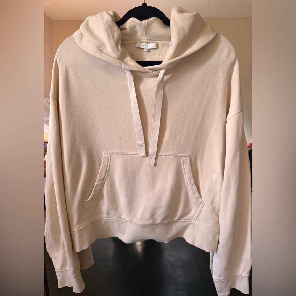 Vince Boxy Beige/Cream Cropped Tie-Back 100% Cotton Sweatshirt Hoodie Sz XL